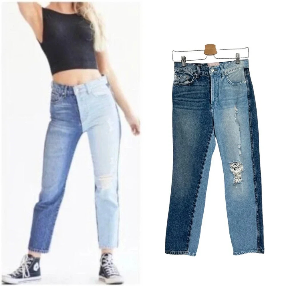 REVICE Two-Tone Yin Yang Distressed Denim High Rise‎ Straight Jeans Size 24